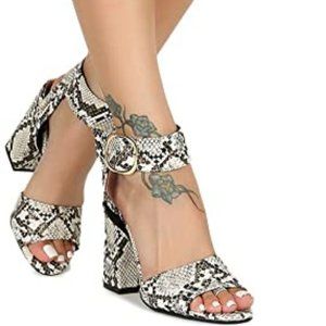 Qupid Open Toe Wide Toe Strap Snake Printed Design Chunky Buckle Block Heels